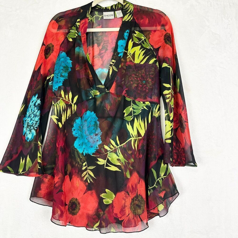 Chico's Vintage Y2K Silk Floral Sheer Babydoll Top Size 2 Large Bell Sleeve